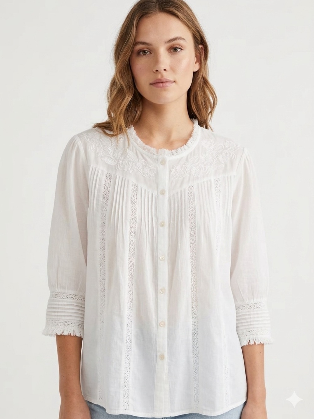 Sundance White Cotton Lace Pintuck Blouse Large Boho Cottagecore
